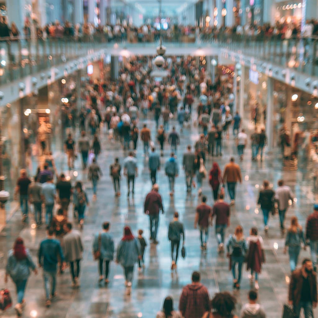 Overhead security camera view of foot traffic in a shopping mall